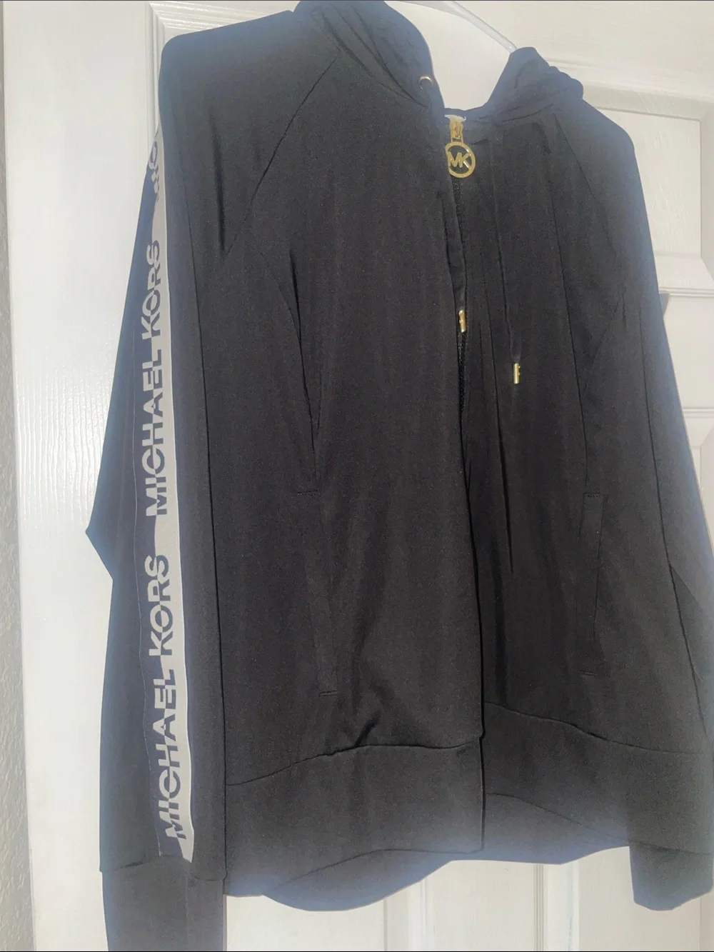 Michael Kors Black Zip Hoodie with Logo Sleeve Tape